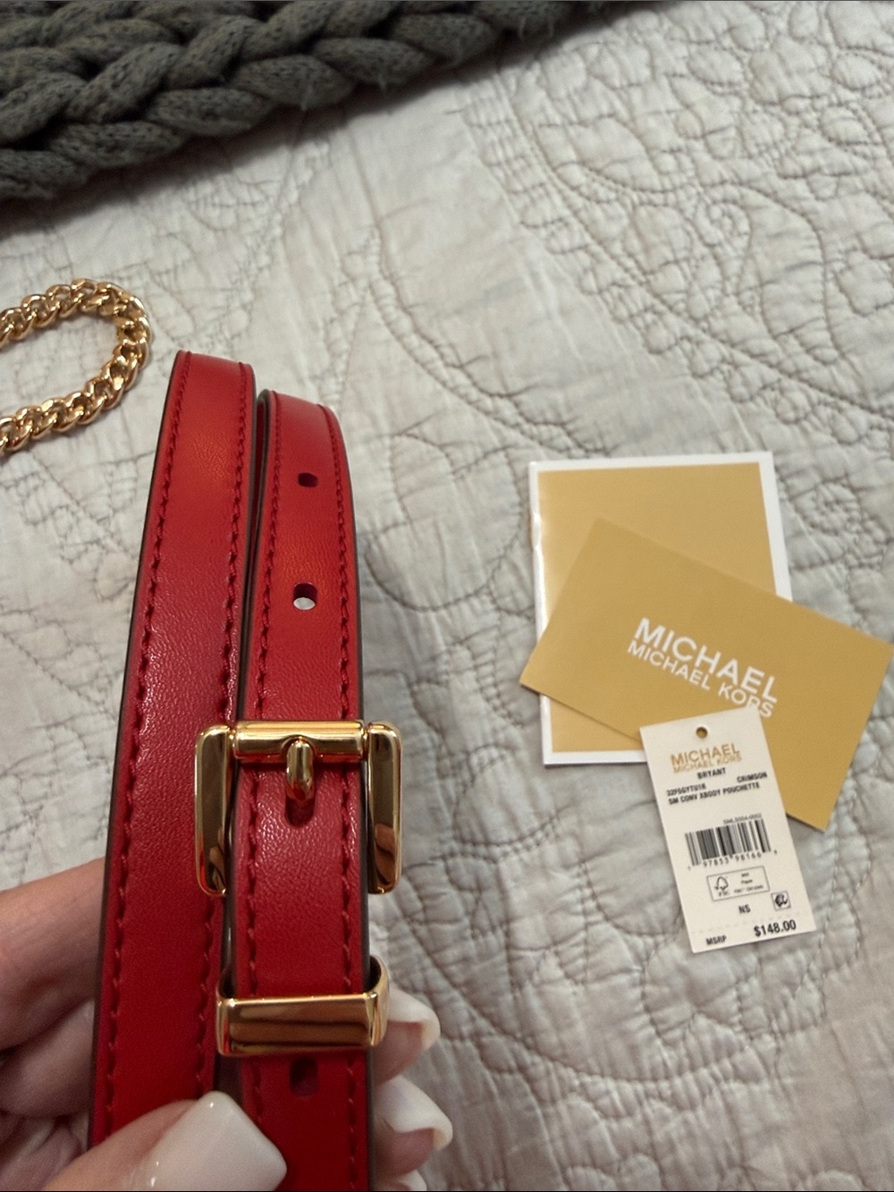 Michael Kors Red Shoulder Bag with Gold Chain Handle and Adjustable Strap - Picture 11 of 12